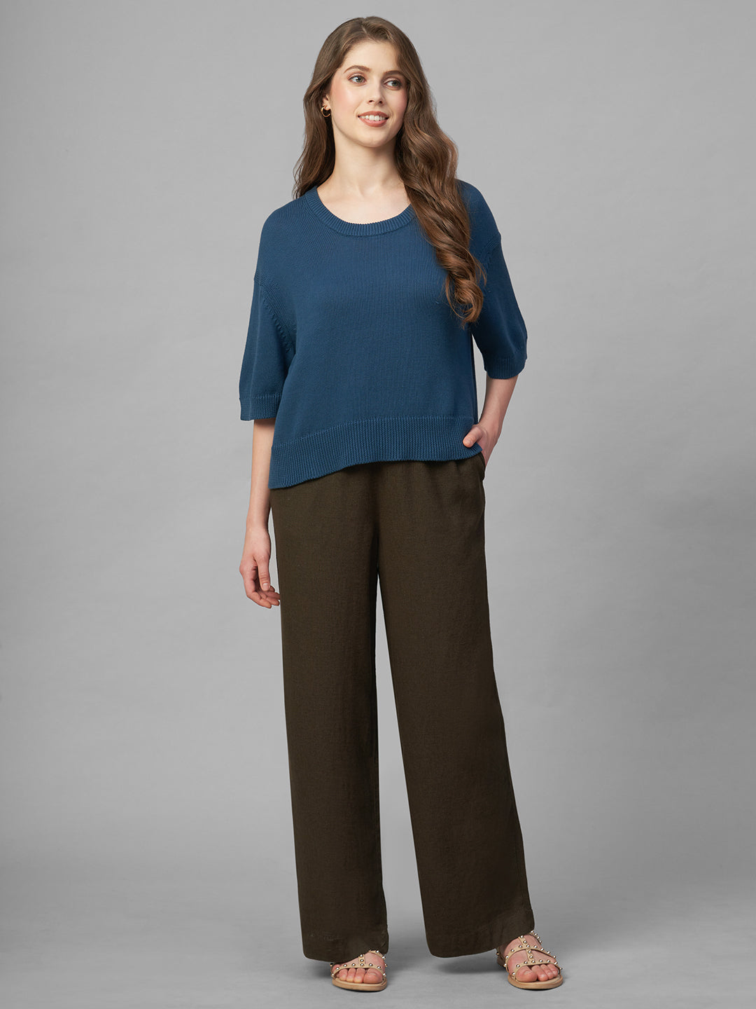 Women's Brown Linen Viscose Regular Fit Pant