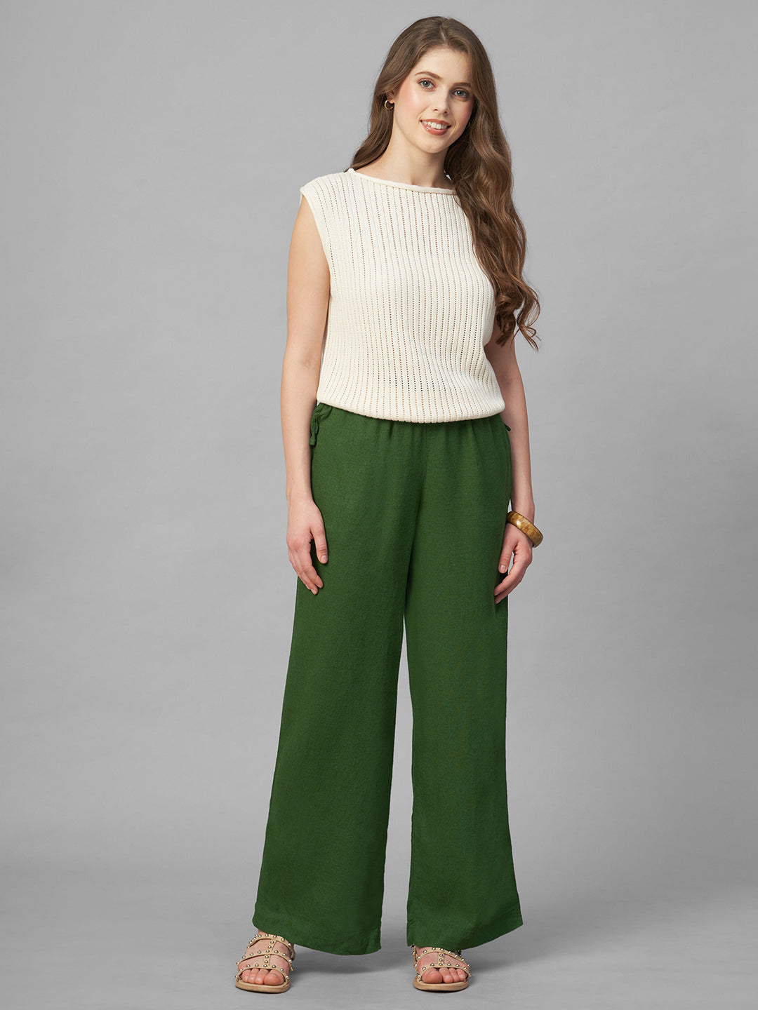 Women's Green Linen Viscose Regular Fit Pant