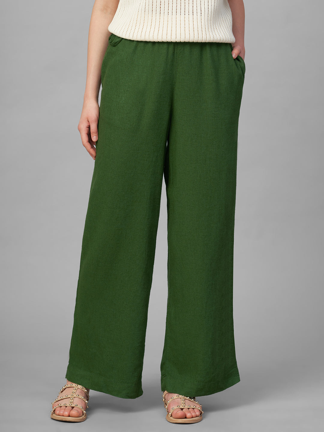 Women's Green Linen Viscose Regular Fit Pant