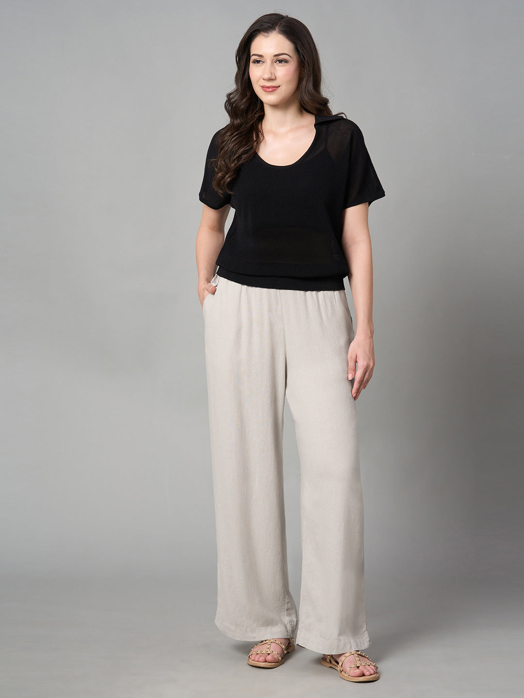 Women's Sand Linen Viscose Regular Fit Pant
