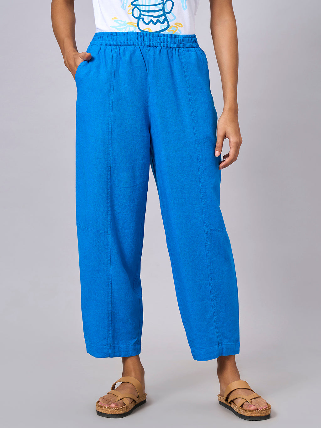 Women's Royalblue Linen Viscose Regular Fit Pant