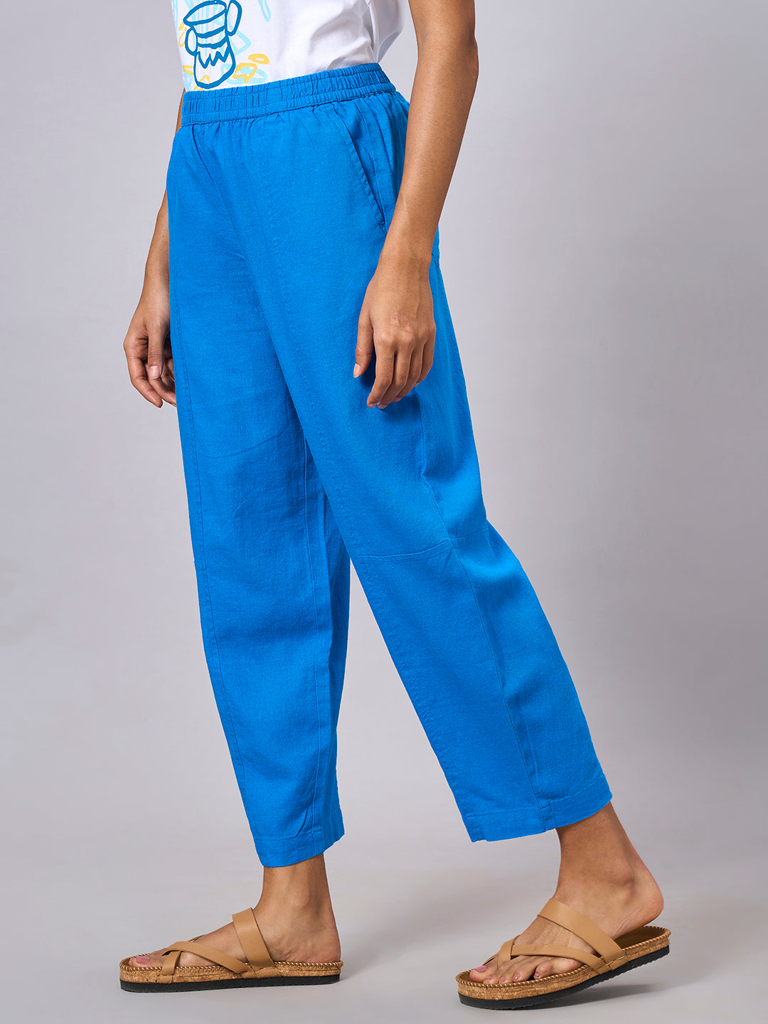 Women's Royalblue Linen Viscose Regular Fit Pant