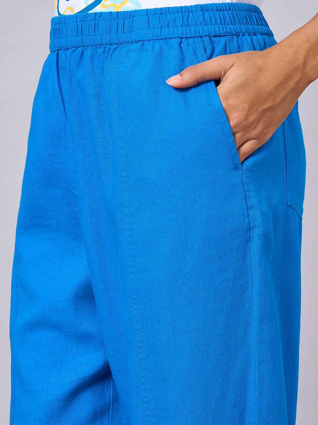Women's Royalblue Linen Viscose Regular Fit Pant