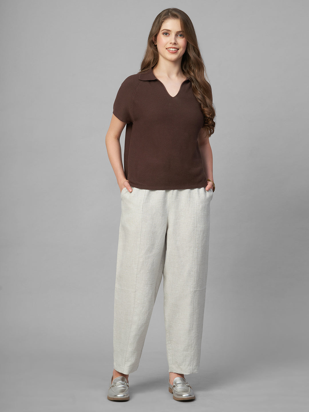 Women's Natural 100% Linen Barrel Leg Pant