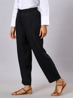 Women's Linen Viscose Regular Fit Tapered Pants Black