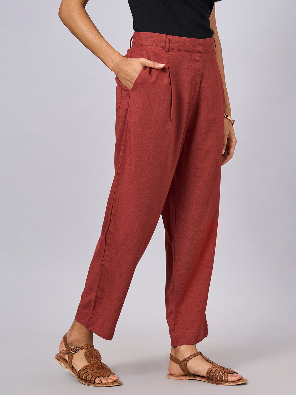Women's Rust Linen Viscose Regular Fit Pant