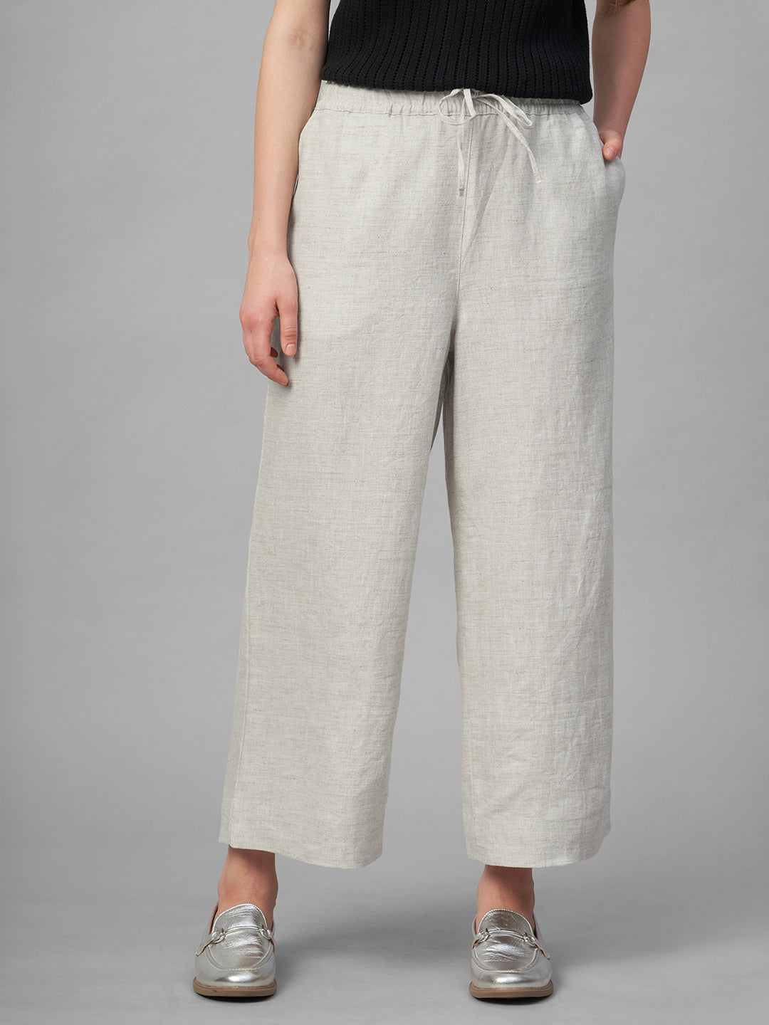 Women's Beige 100% Linen Regular Fit Pant