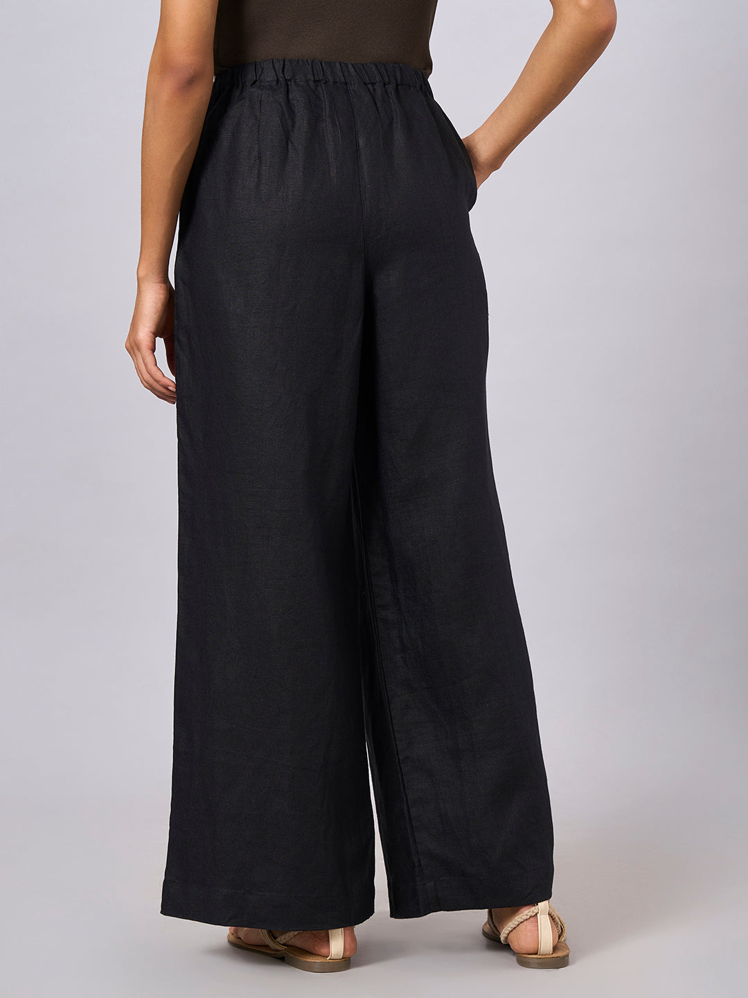 Women's Black 100% Linen Regular Fit Pant
