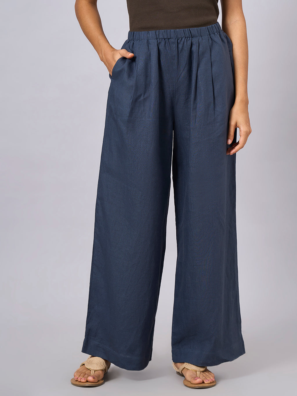Women's Blue 100% Linen Regular Fit Pant