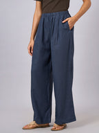 Women's Blue 100% Linen Regular Fit Pant