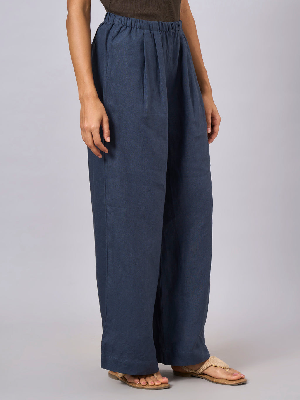 Women's Blue 100% Linen Regular Fit Pant