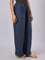 Women's Blue 100% Linen Regular Fit Pant