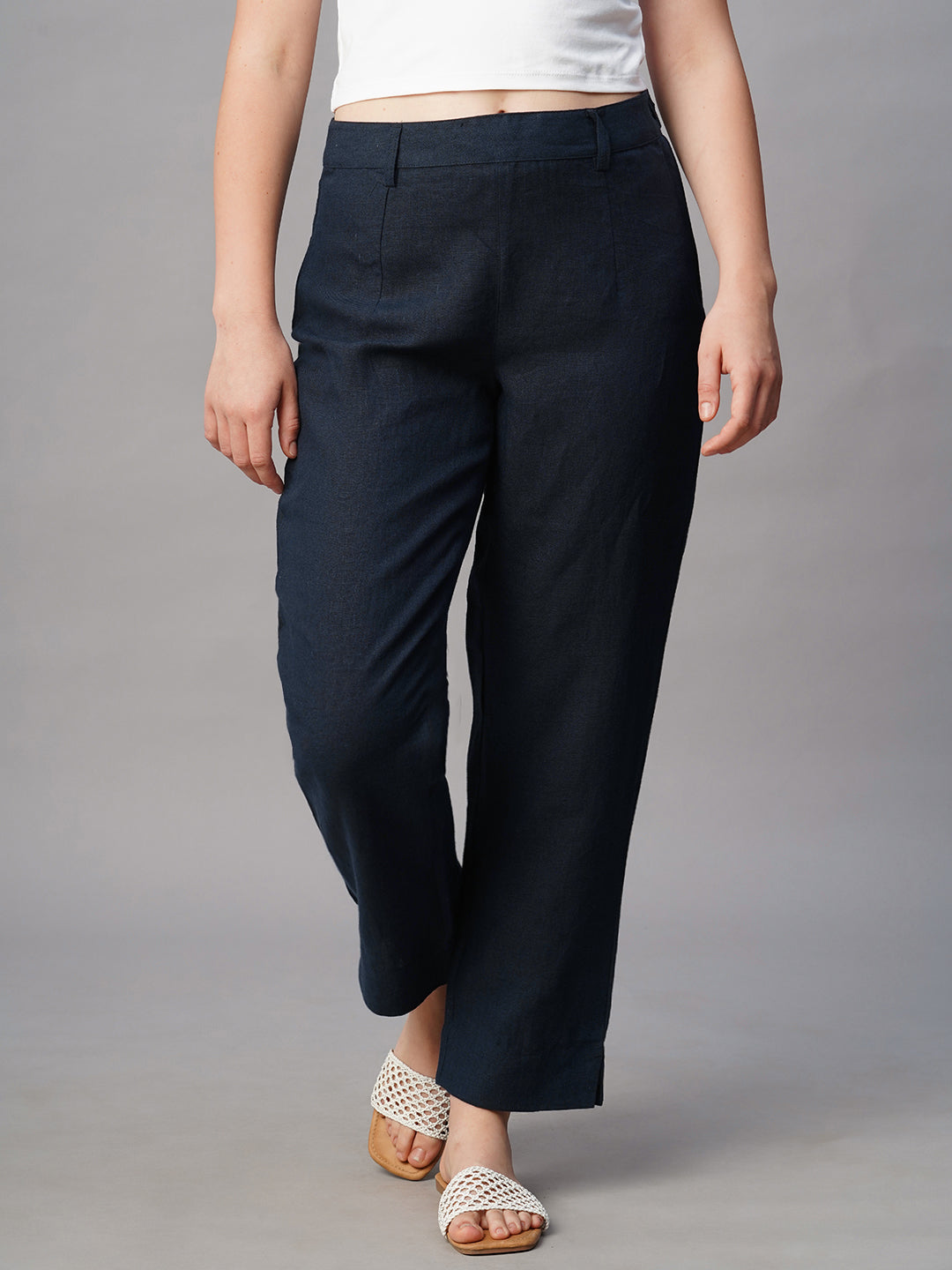 Women's Navy Linen Regular Fit Pant