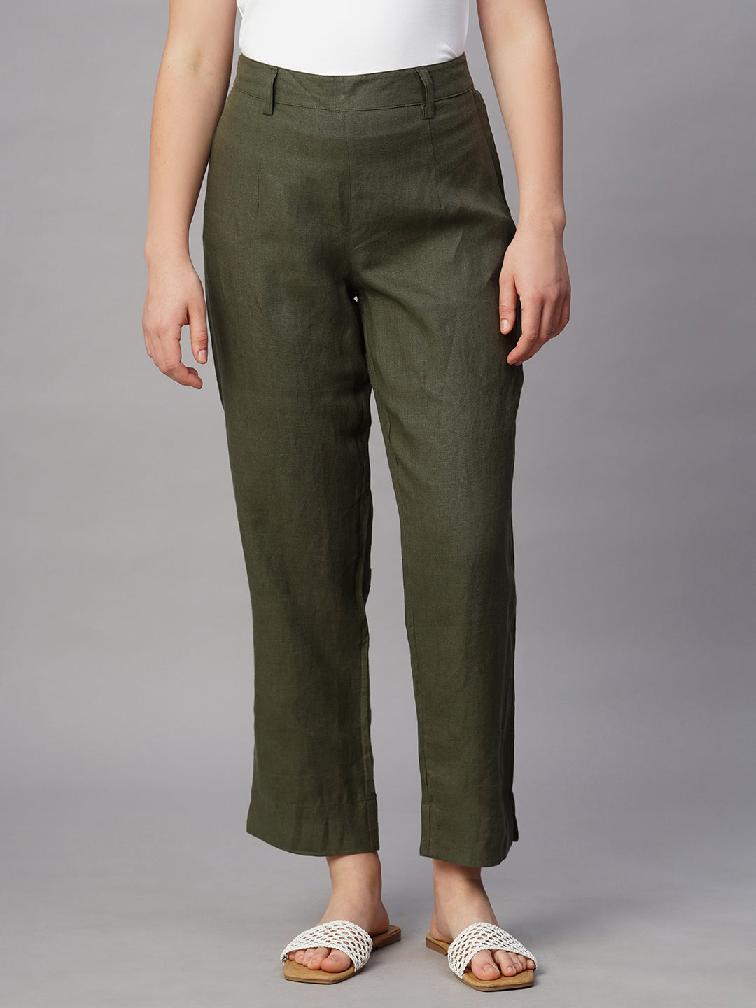 Women's Olive Linen Regular Fit Pant