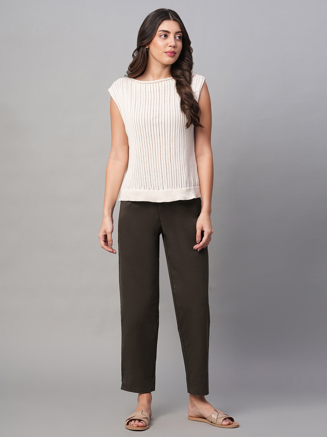 Women's Brown Cotton Lycra Regular Fit Pant