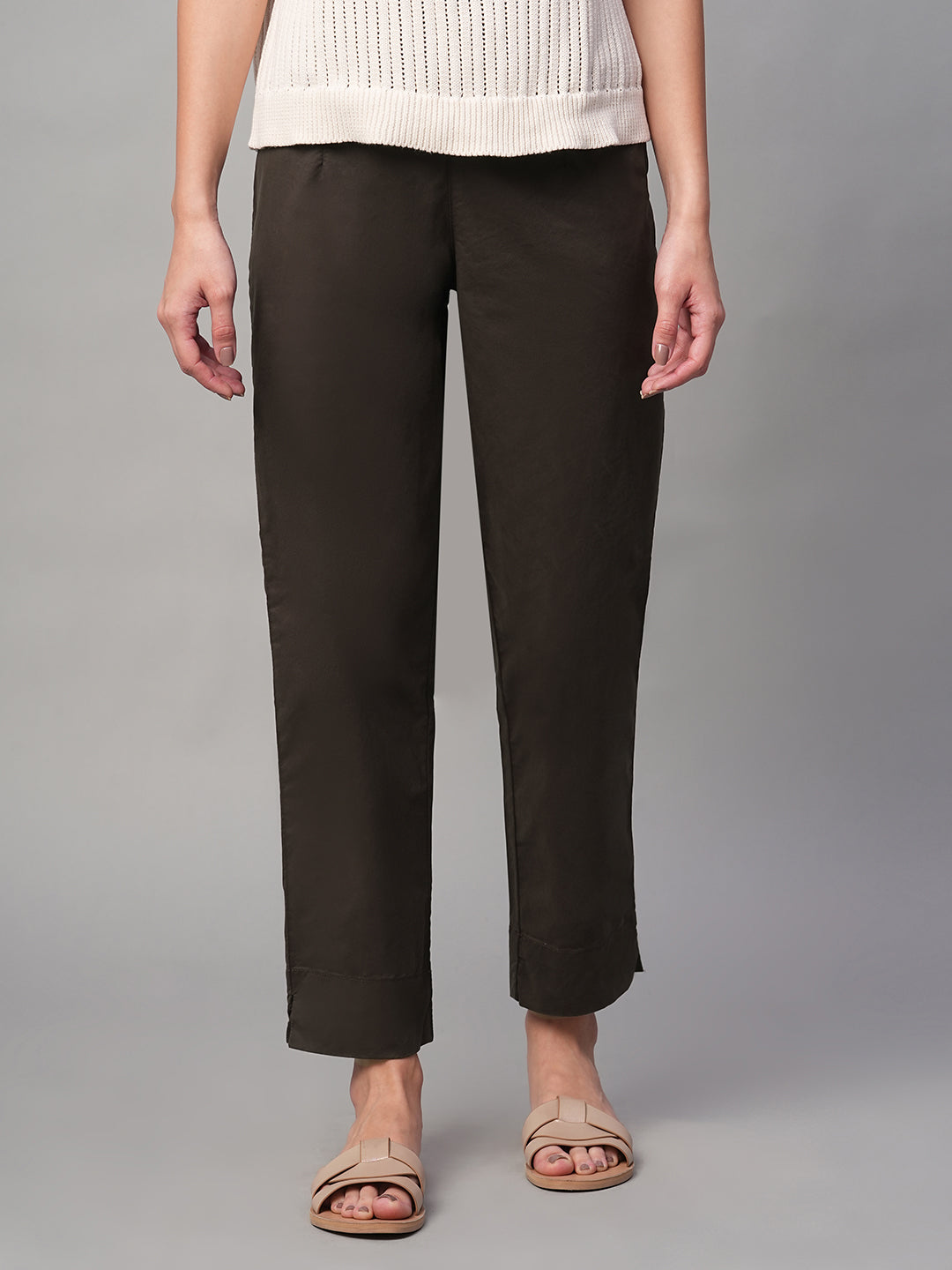 Women's Brown Cotton Lycra Regular Fit Pant