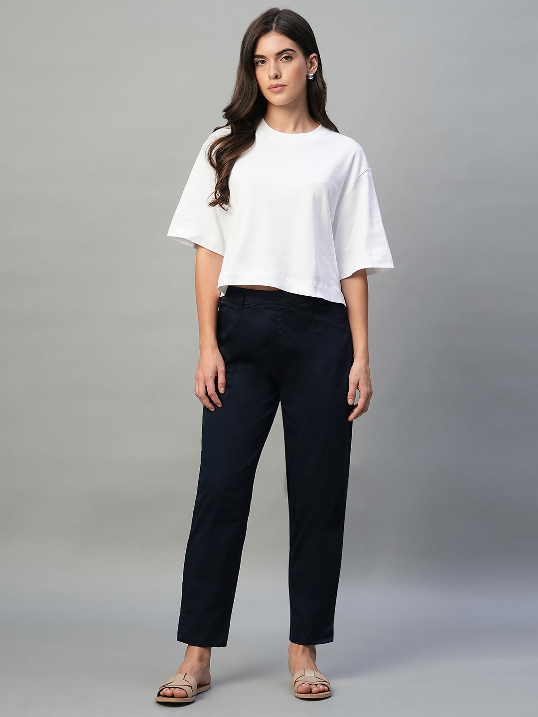 Women's Navy Cotton Lycra Regular Fit Pant