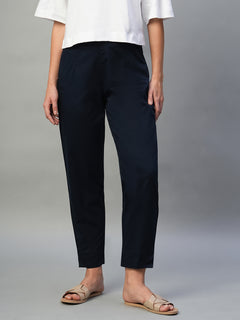 Women’s Cotton Lycra Regular Fit Wide Leg Pant Navy