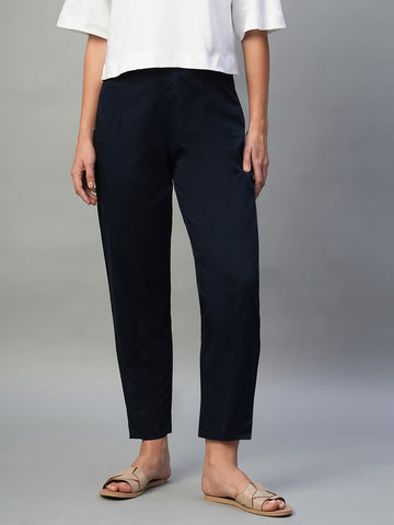 Women’s Cotton Lycra Regular Fit Wide Leg Pant Navy