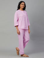 Women's Pink 100% Cotton Regular Fit Pyjama Suit