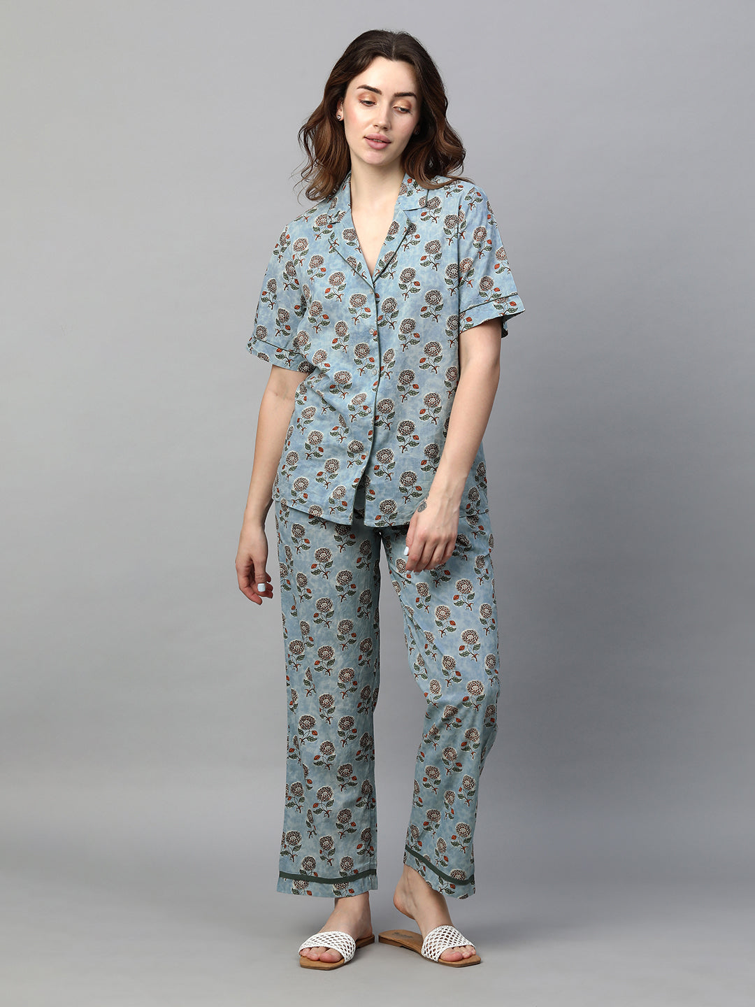 Women's Blue Cotton Regular Fit Pyjama Suit