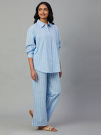 Women's Blue 100% Cotton Boxy Fit Pyjama Suit