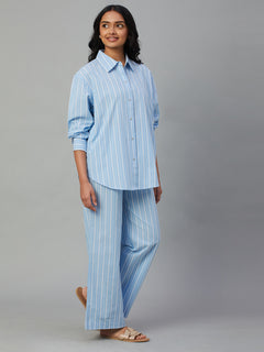Women's 100% Cotton Boxy Fit Pyjama Suit Blue