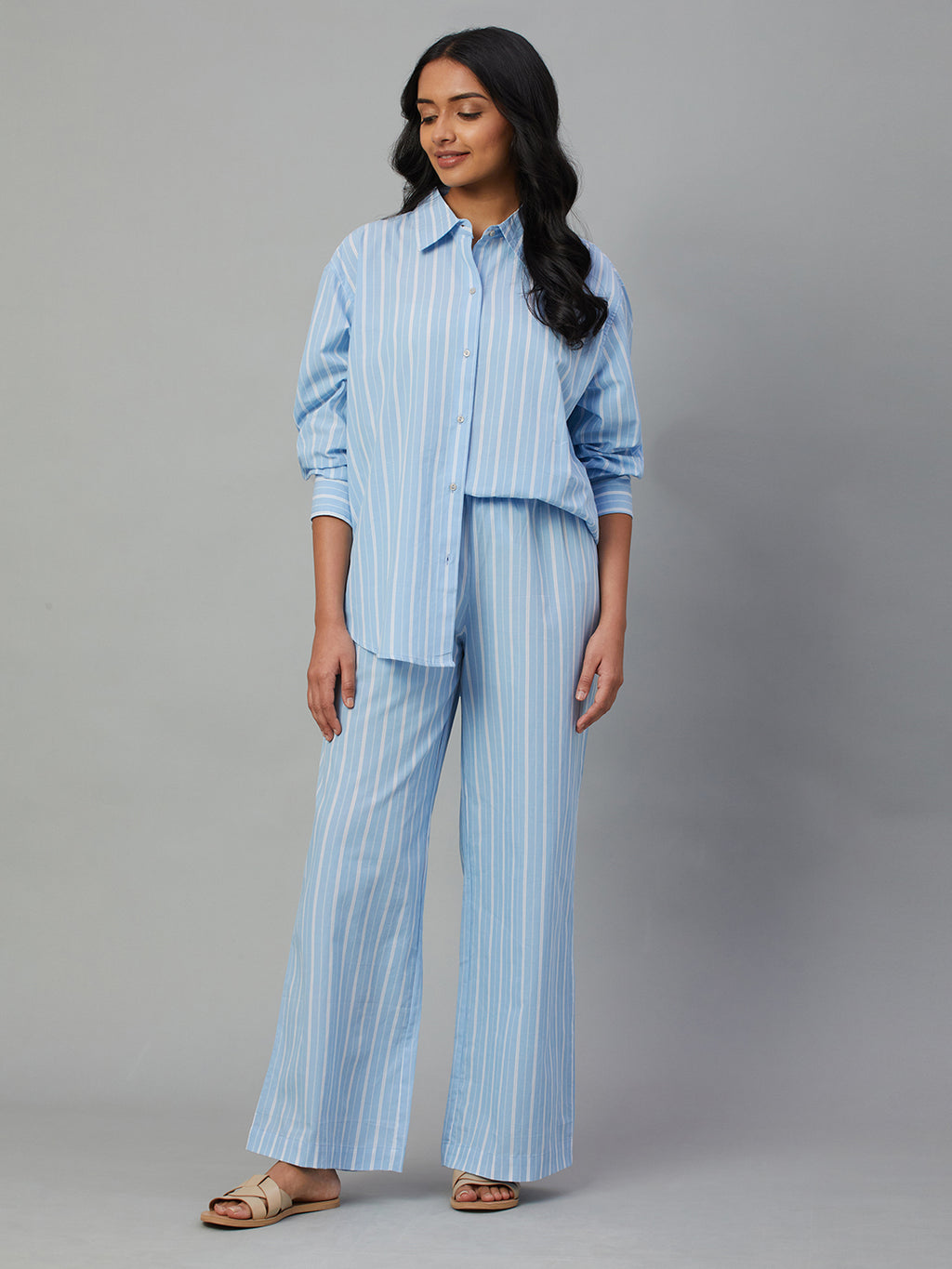 Women's Blue 100% Cotton Boxy Fit Pyjama Suit