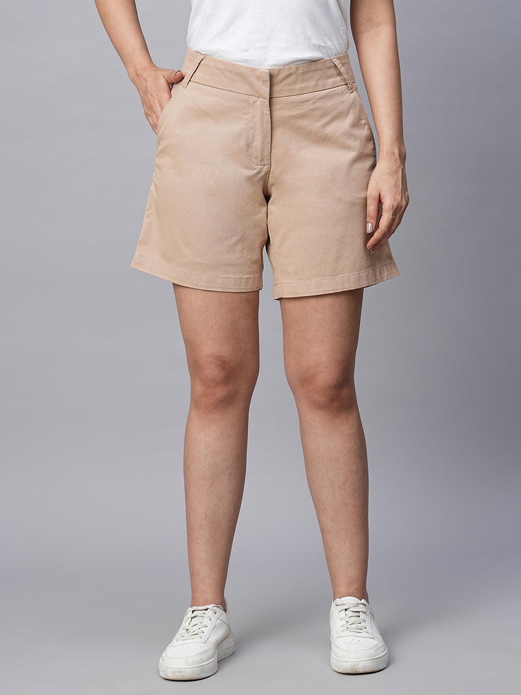 Women's Cotton Lycra Regular Fit Shorts Beige