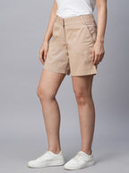 Women's Cotton Lycra Regular Fit Shorts Beige