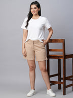 Women's Cotton Lycra Regular Fit Shorts Beige