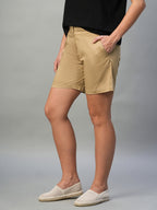 Women's Cotton Lycra Regular Fit Side Pocket Shorts Khaki