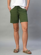 Women's Olive Cotton Lycra Regular Fit Shorts