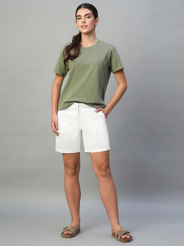 Women's White Cotton Lycra Regular Fit Shorts