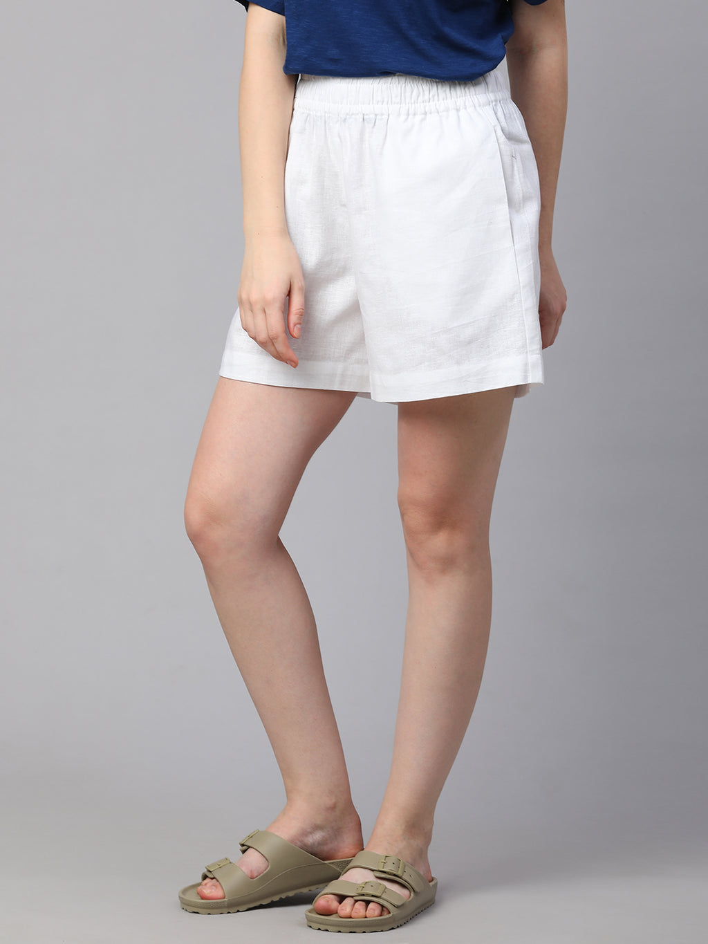 Women's White Linen Cotton Regular Fit Shorts