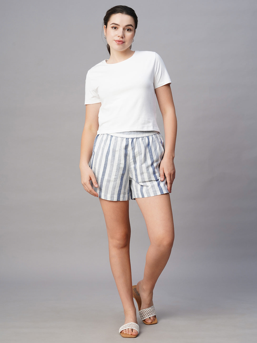 Women's Blue Cotton Linen Regular Fit Shorts