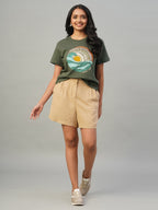 Women's Linen Viscose Regular Fit Shorts Khaki