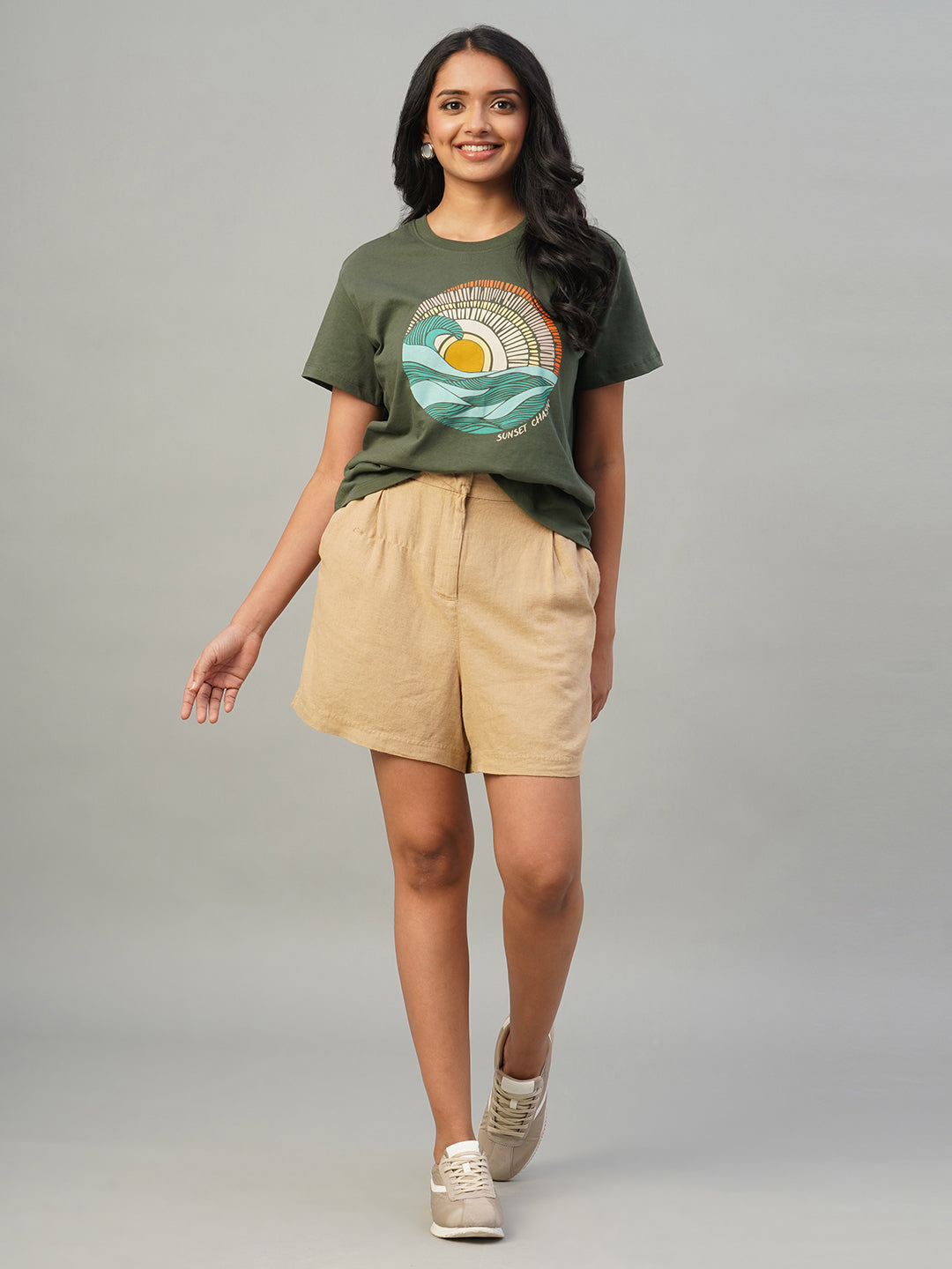 Women's Khaki Linen Viscose Regular Fit Shorts