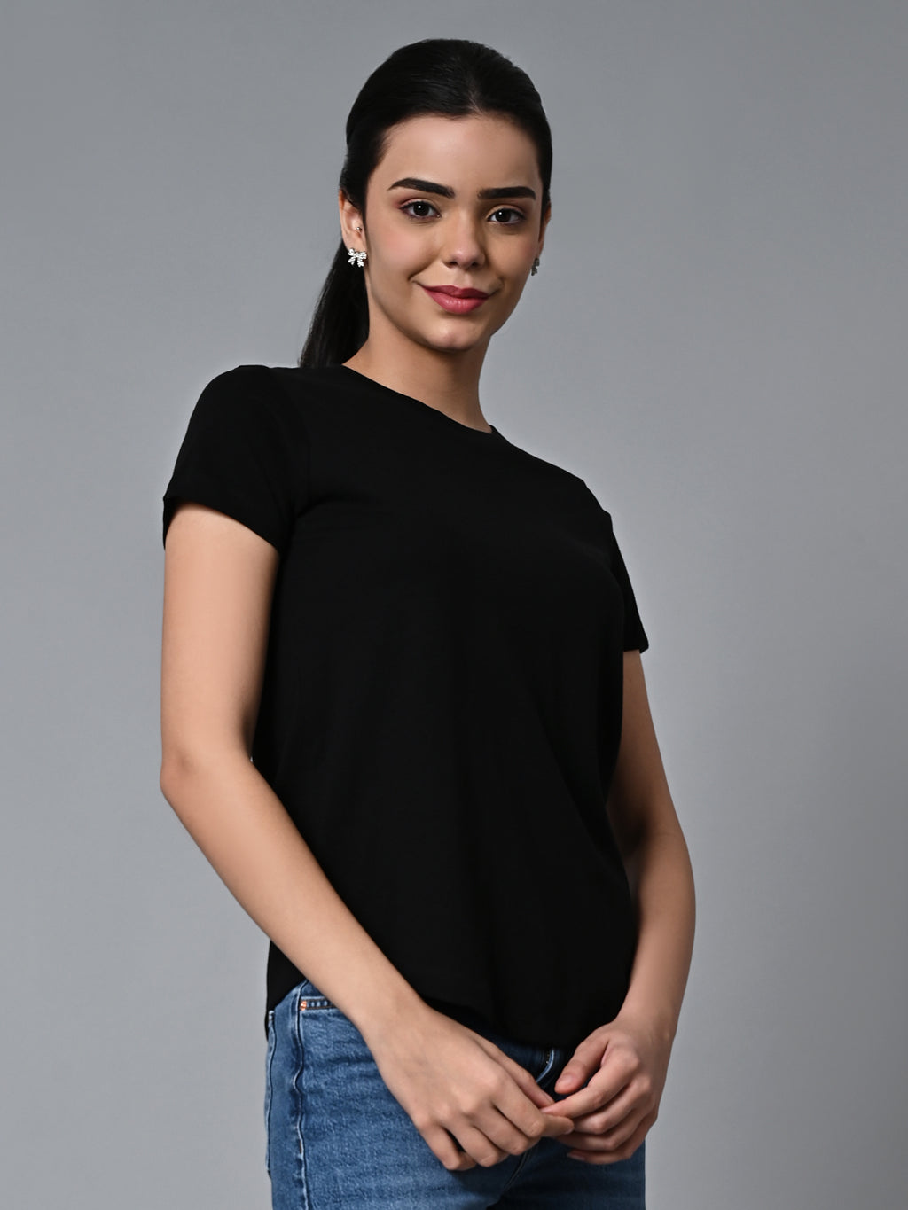 Women's Black Cotton Regular Fit Tshirt