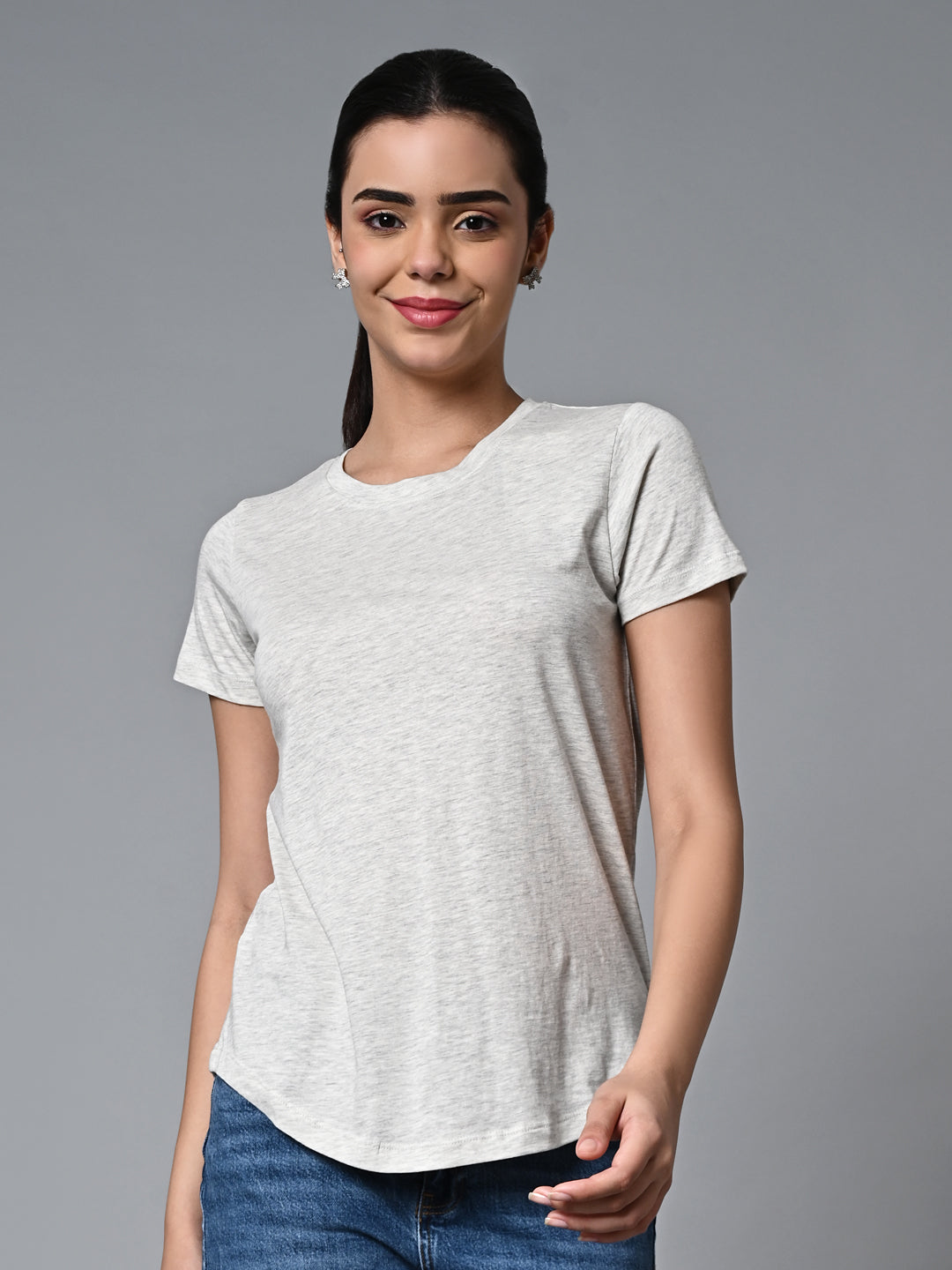 Women's Ecru Melan Cotton Regular Fit Tshirt