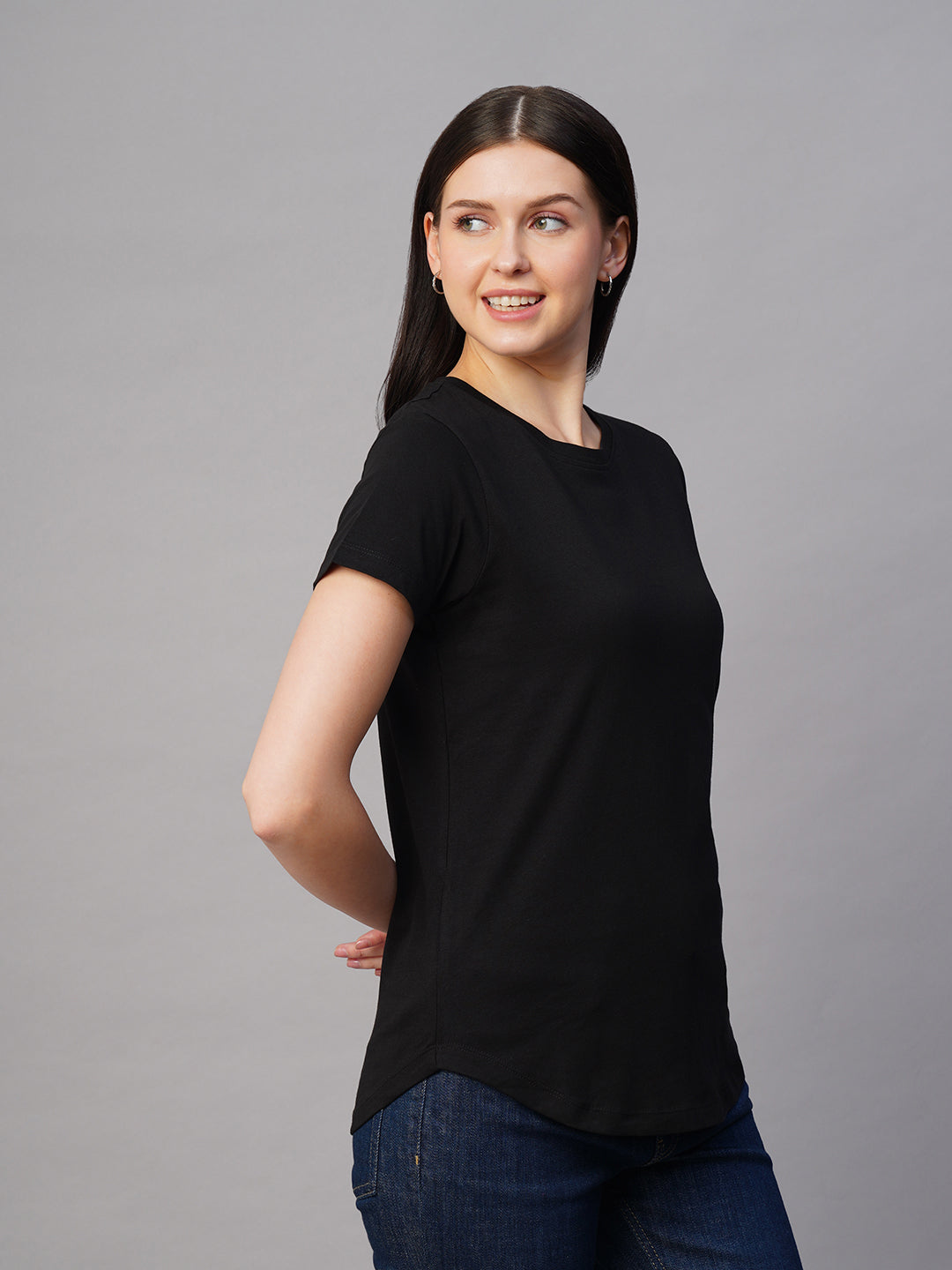 Women's Black 100% Cotton Regular Fit Tshirt
