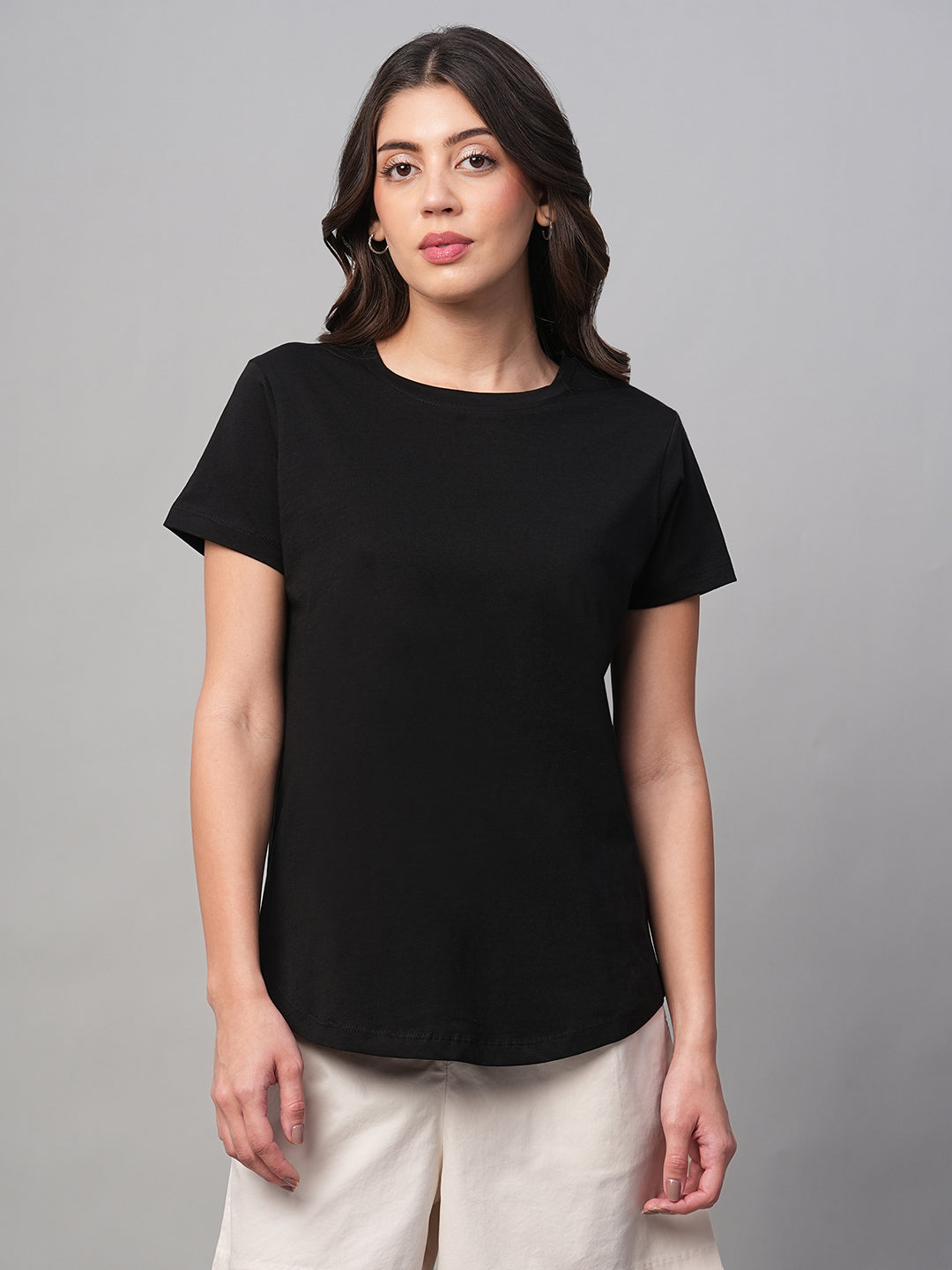 Women's Black 100% Cotton Regular Fit Tshirt