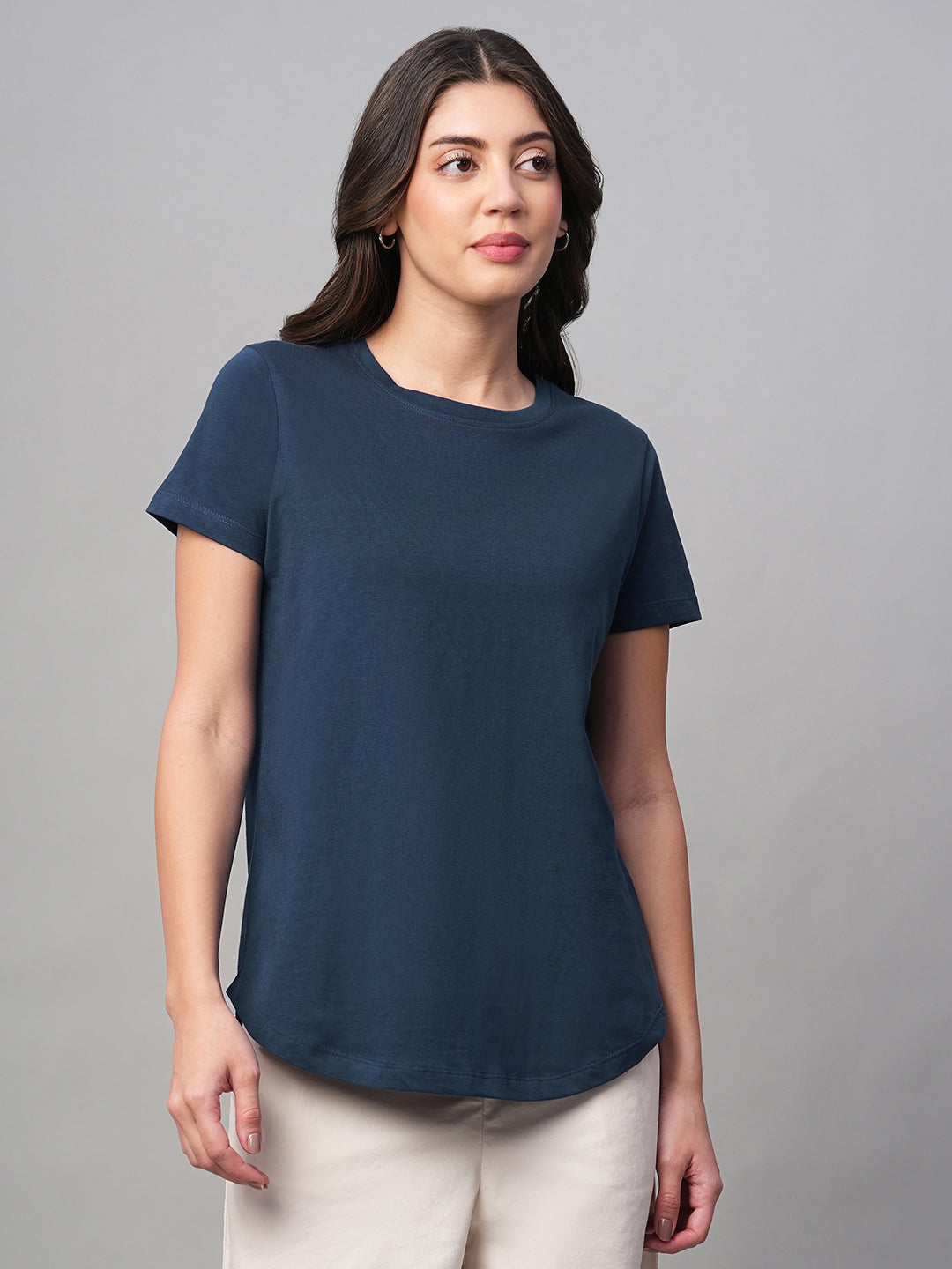 Women's Blue 100% Cotton Regular Fit Tshirt