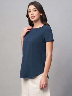 Women’s Cotton Regular Fit Curved Hem T-Shirt Blue