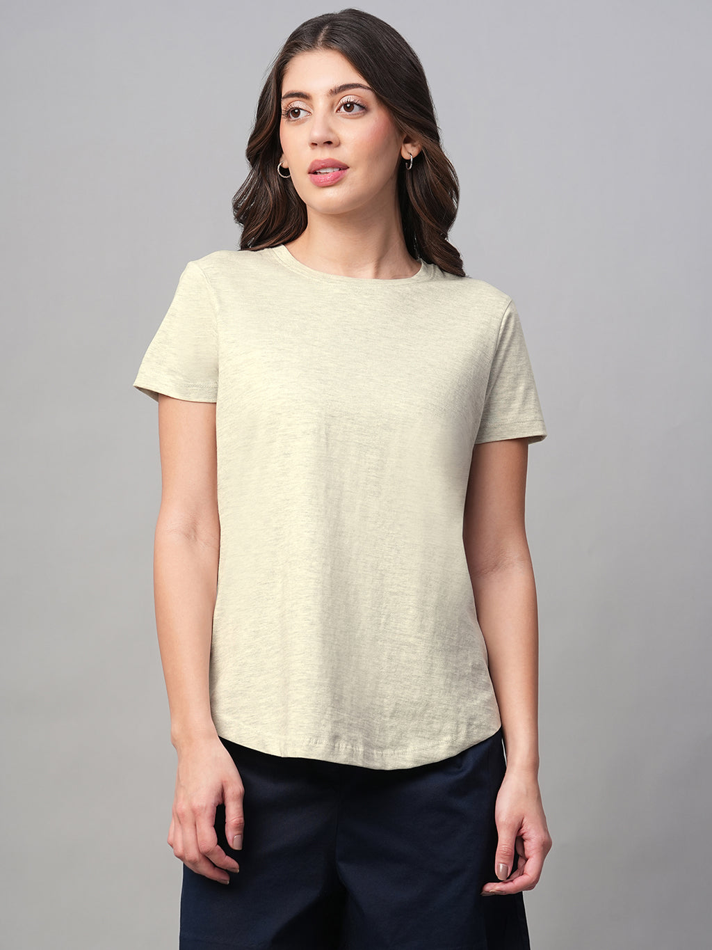Women's Ecru Melan 100% Cotton Regular Fit Tshirt