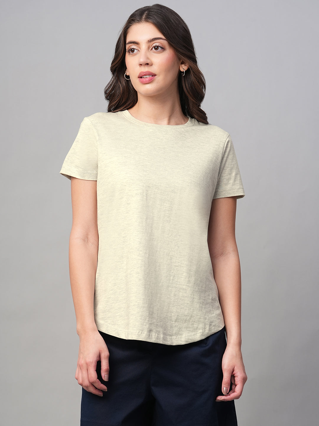 Women's Ecru Melan 100% Cotton Regular Fit Tshirt