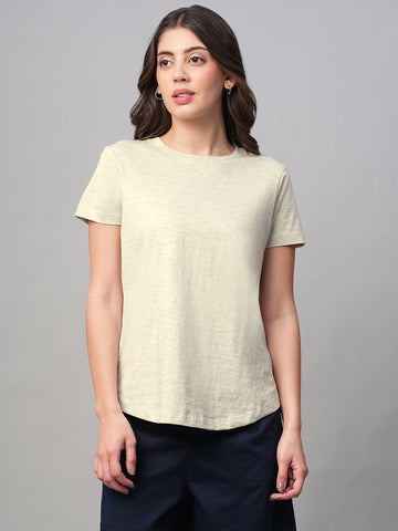 Women's Ecru Melan 100% Cotton Regular Fit Tshirt