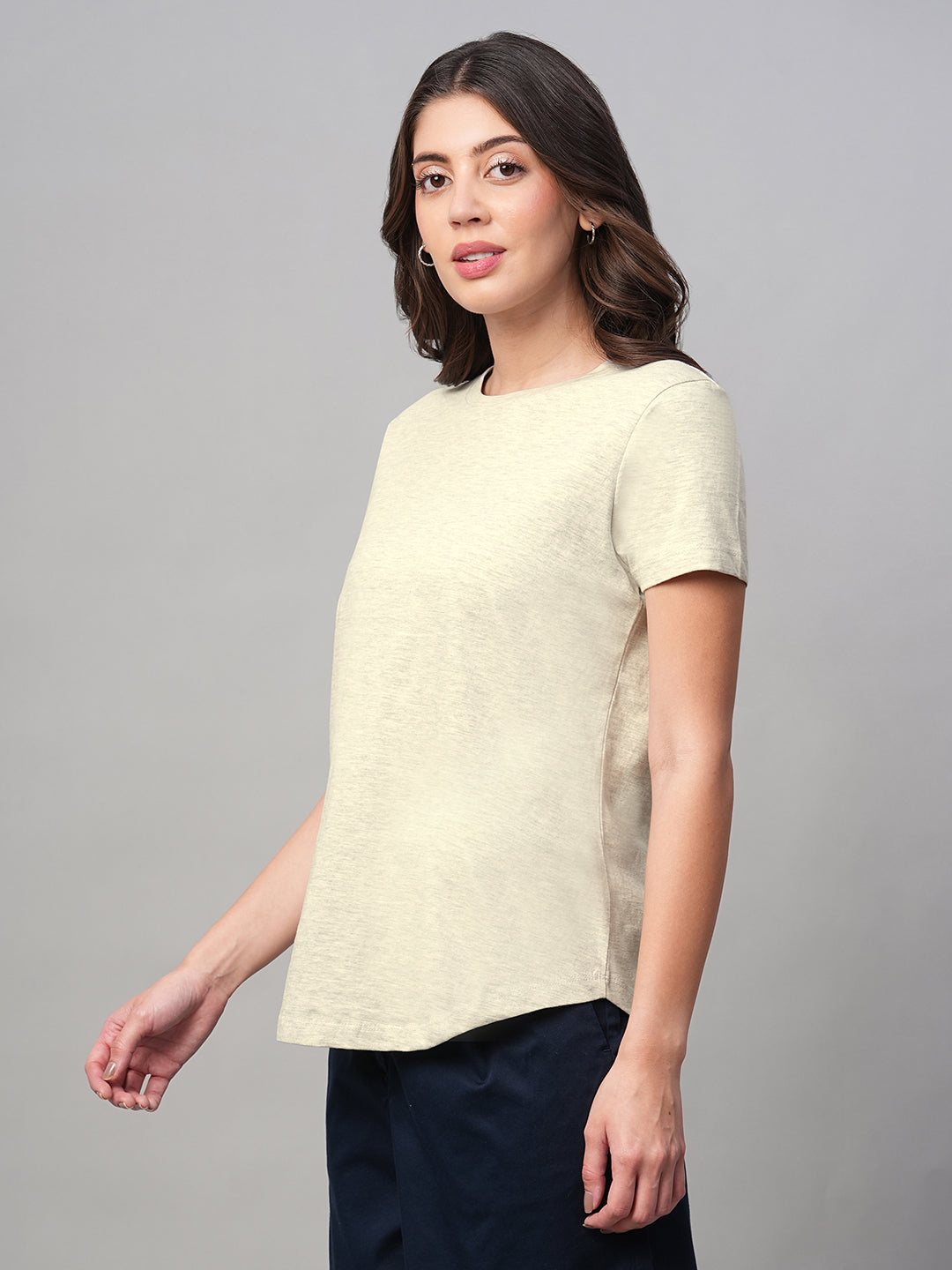 Women's Ecru Melan 100% Cotton Regular Fit Tshirt