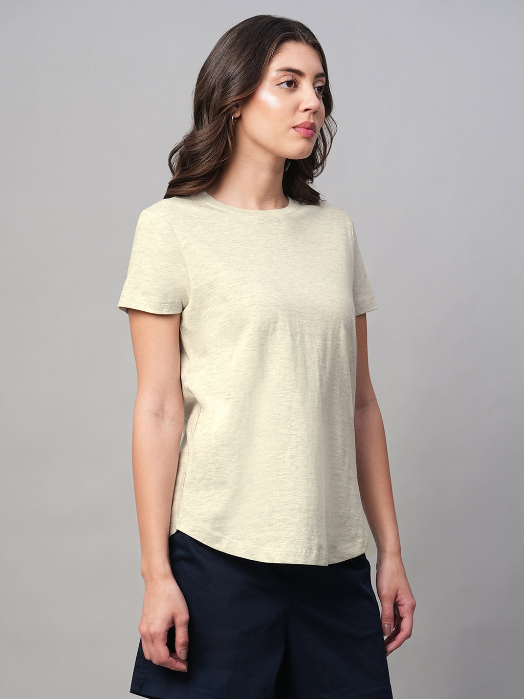 Women's Ecru Melan 100% Cotton Regular Fit Tshirt