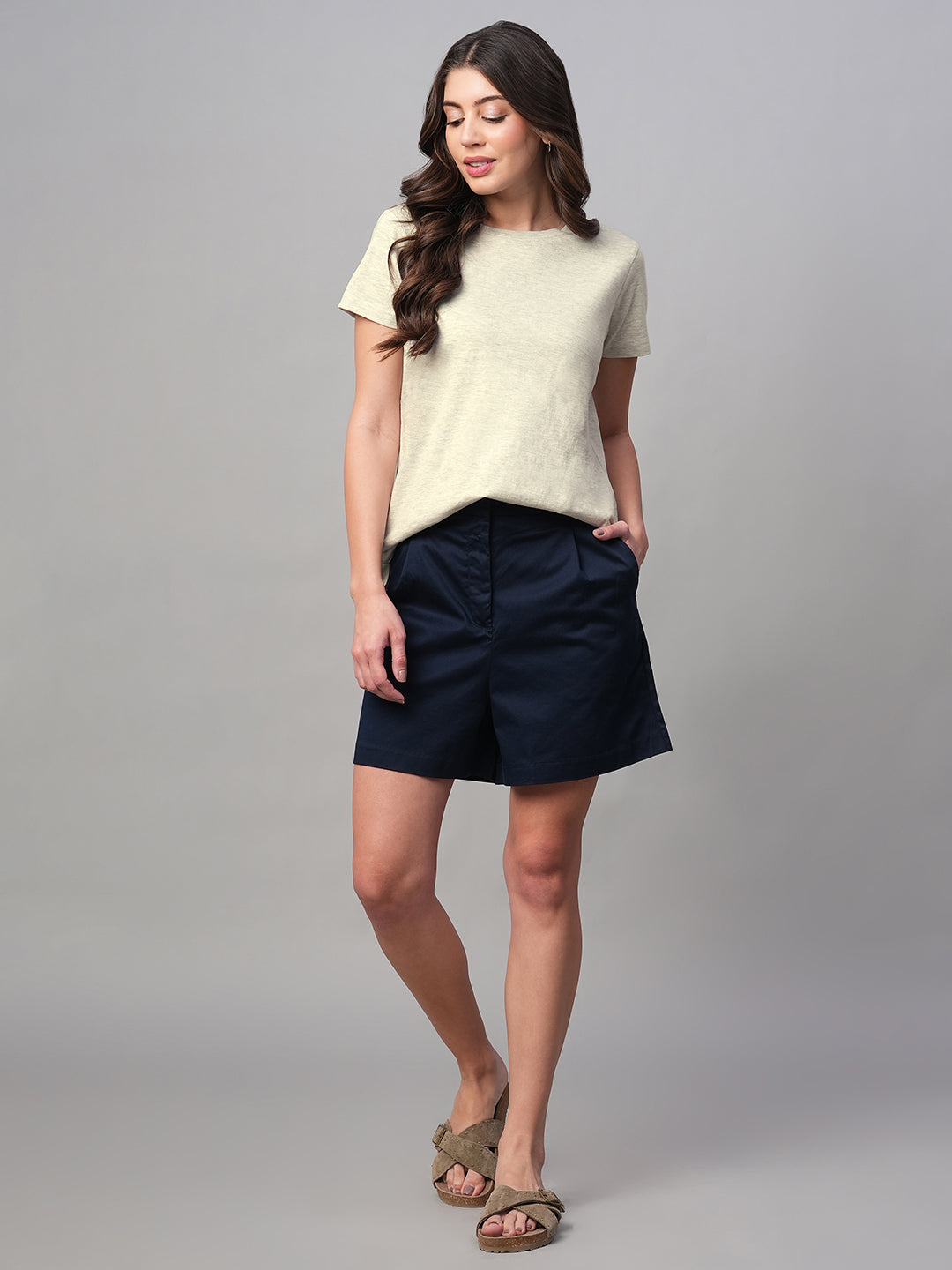 Women's Ecru Melan 100% Cotton Regular Fit Tshirt